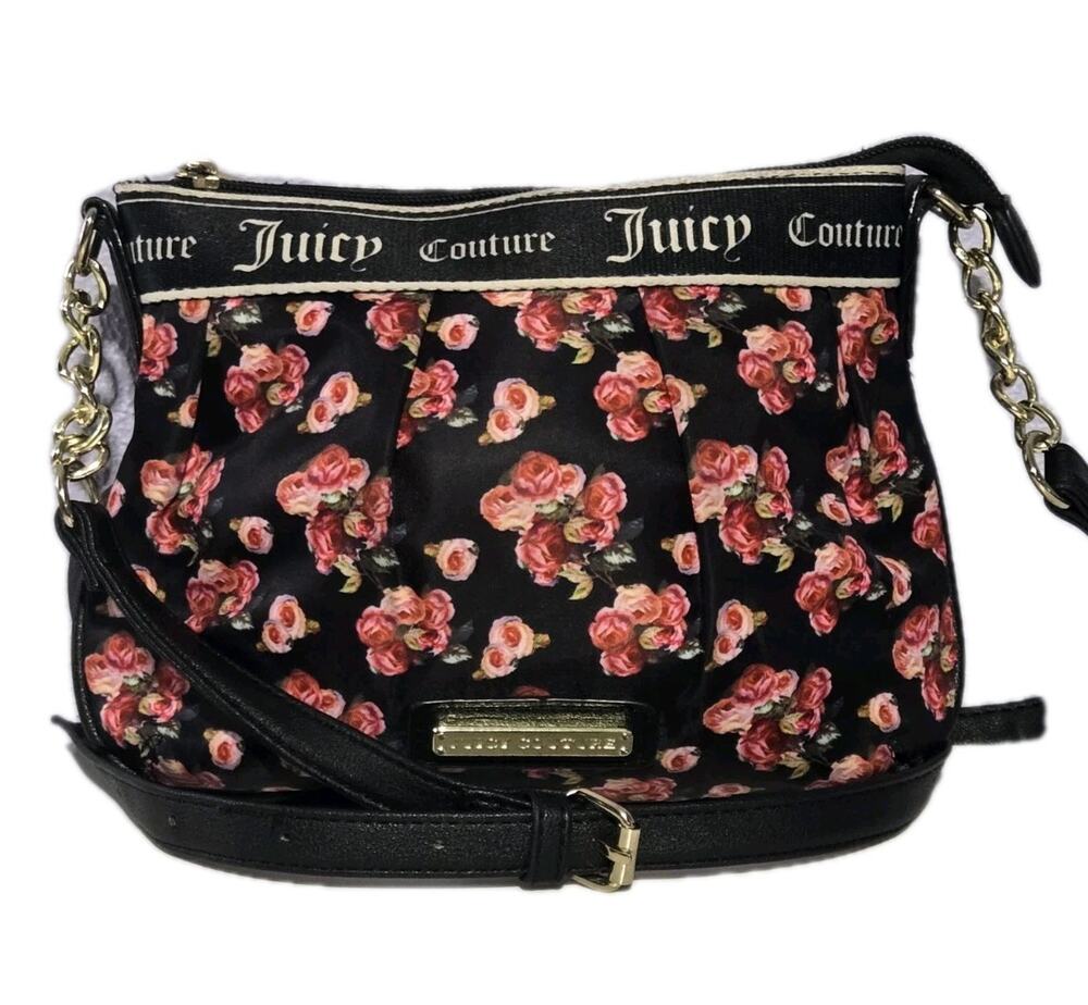 Juicy Couture Crossbody Shoulder Purse/Bag Black/Pink Floral Gold